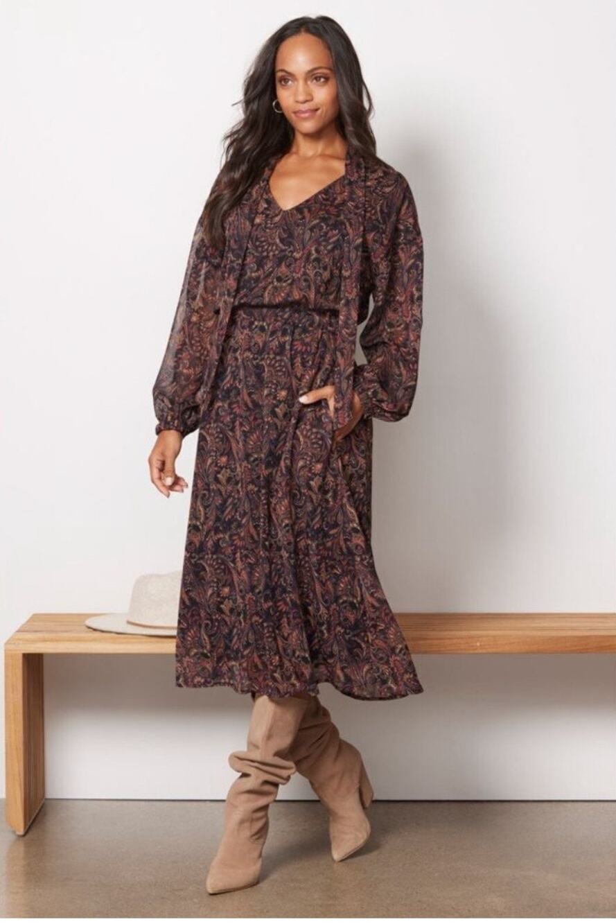 EVEREVE Dress Extra Small Eliza Paisley Midi Long Sleeve Business Work Office